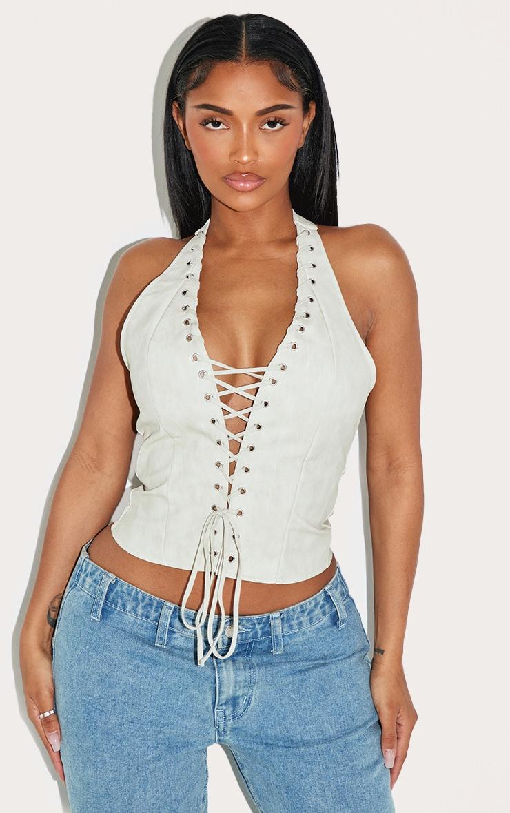 Shape Cream Washed Faux Leather Halter Neck Lace Up Corset Product Image