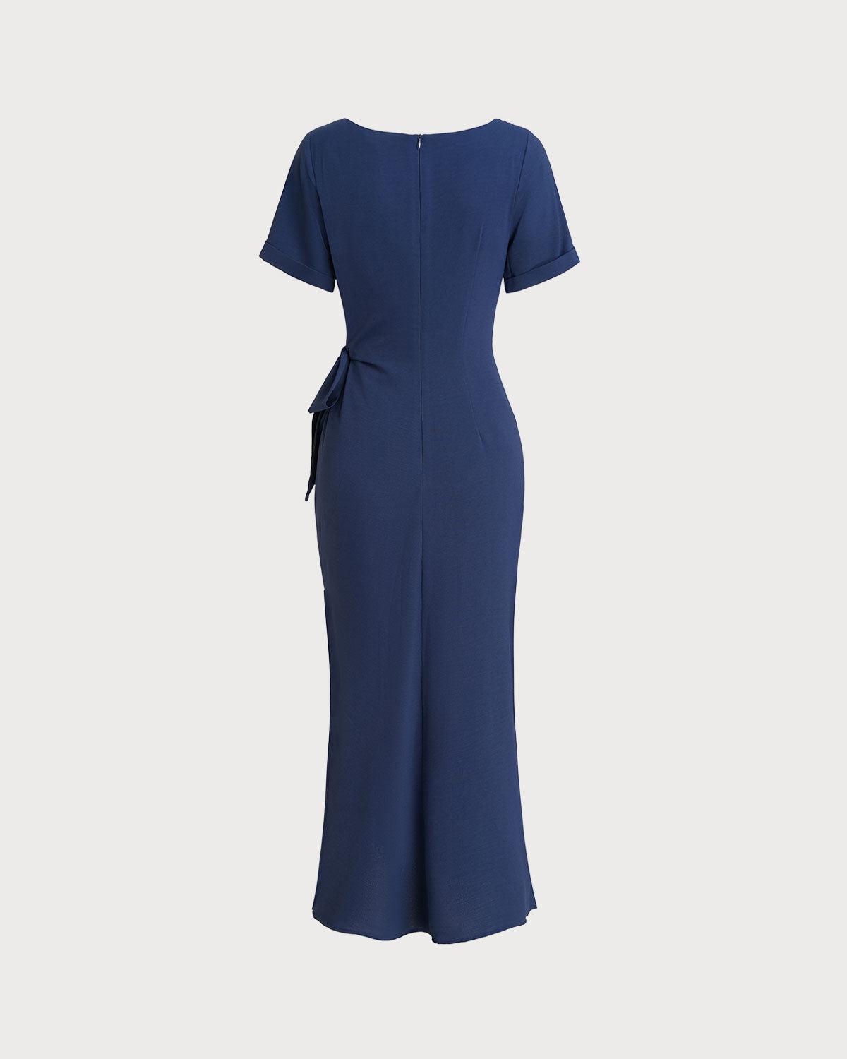 Blue Round Neck Short Sleeve Maxi Dress Product Image