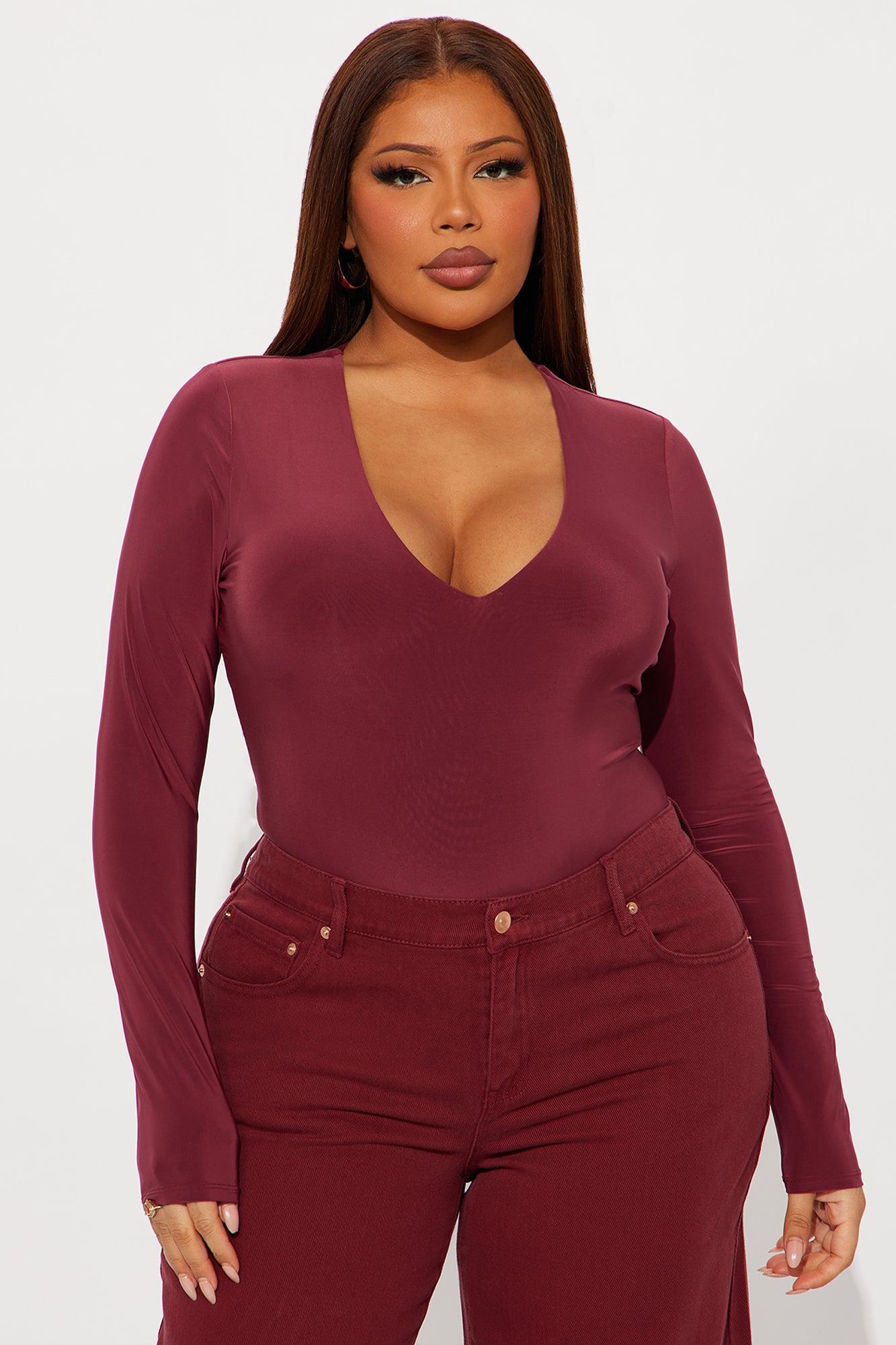 Take The Plunge Lined Long Sleeve Bodysuit - Burgundy Female Product Image