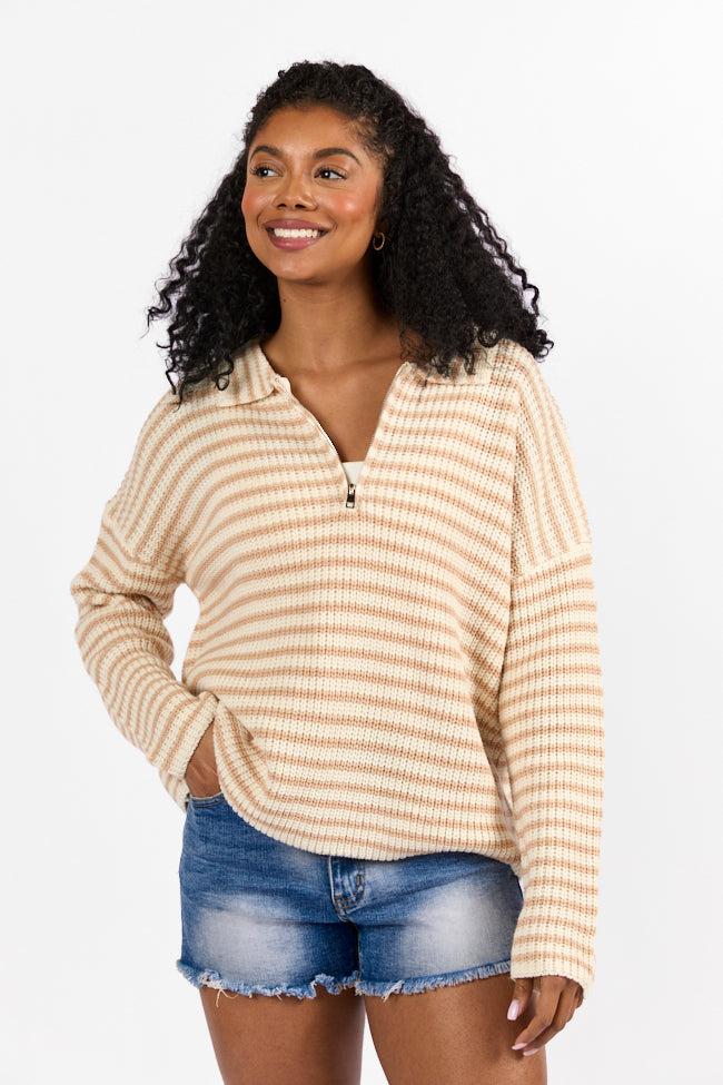 Bayside Breeze Ivory and Tan Stripe Quarter Zip Pullover Sweater FINAL SALE Product Image