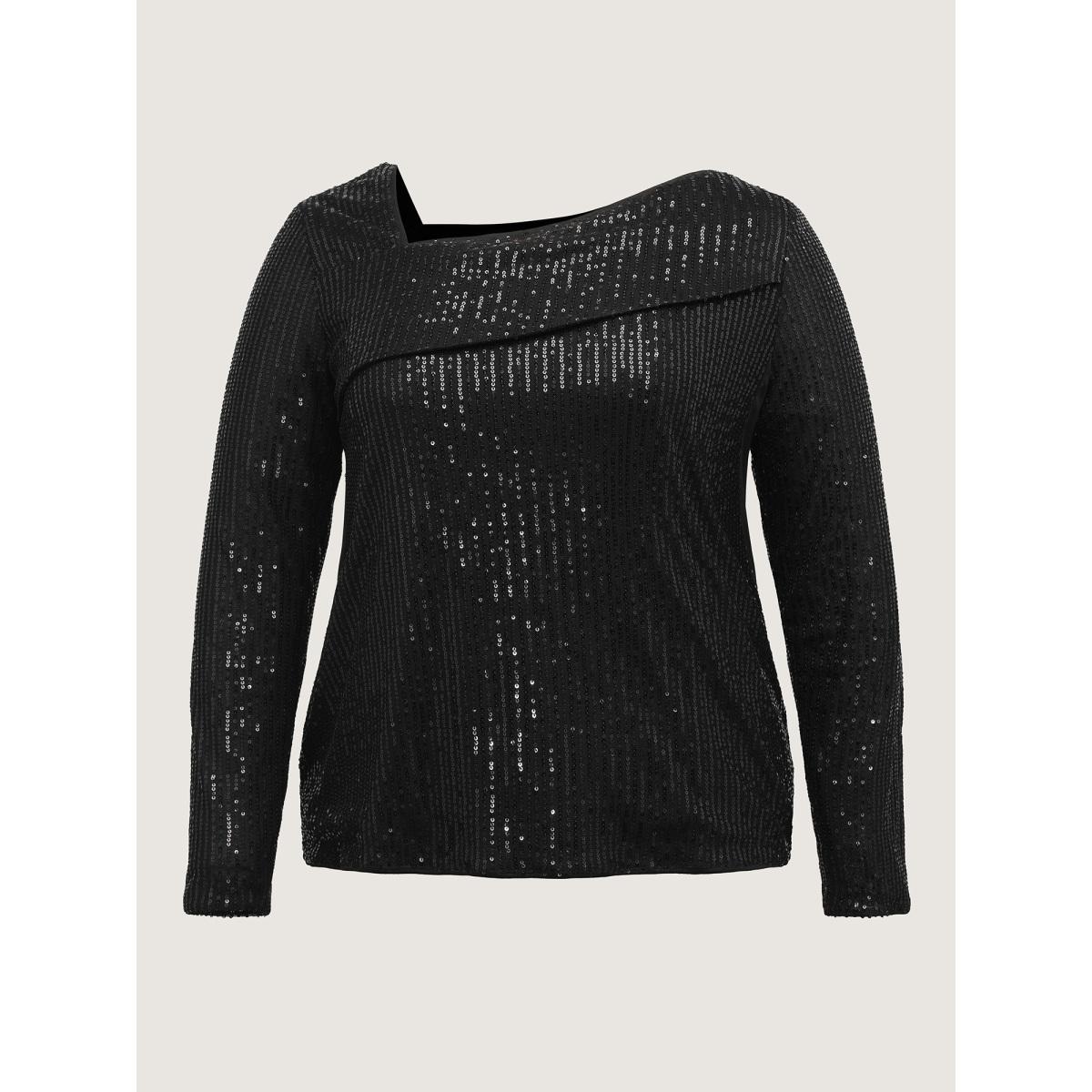 Plus Size Black Sparkly Sequin Asymmetrical Neckline Blouse Women Long Sleeve Asymmetrical Neck Party Blouses BloomChic 28/5X Product Image