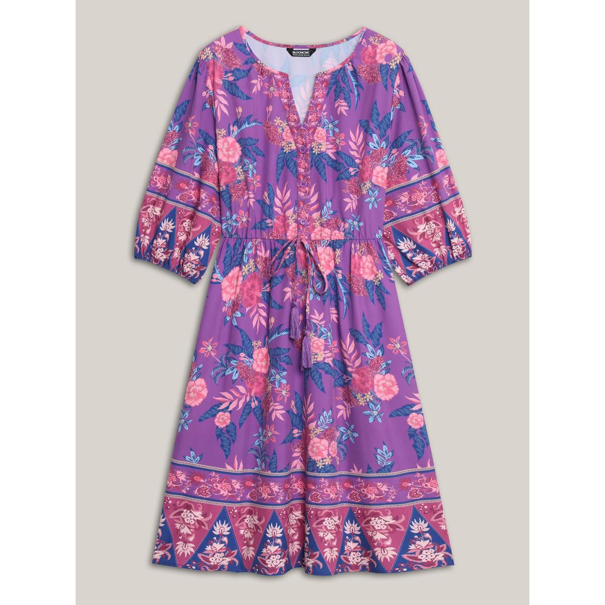 Plus Size Large Flower Print Split Neck Midi Dress DarkViolet Women Notched collar Elbow-length sleeve Curvy BloomChic 14-16/1X Product Image