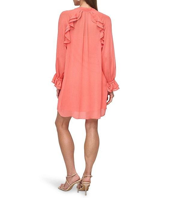 DKNY by Donna Karan Woven V Neck Long Sleeve Ruffle Shift Mini Dress Product Image