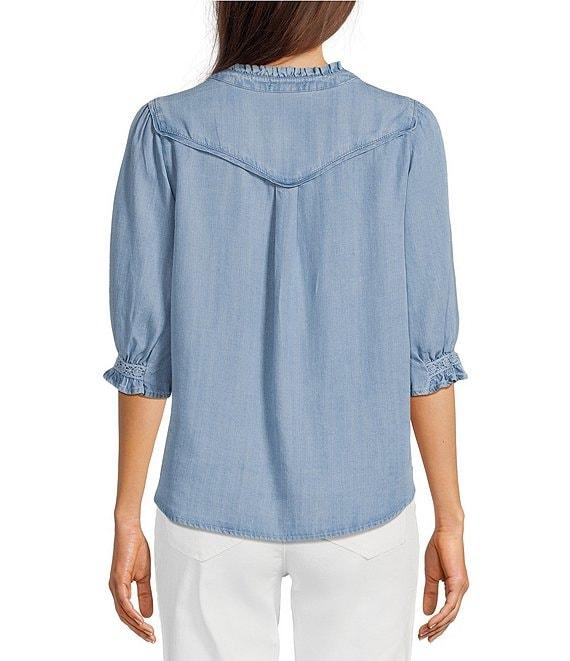 Democracy Lyocell V-Notch Neck Elbow Sleeve Crochet Inset Detail Top Product Image