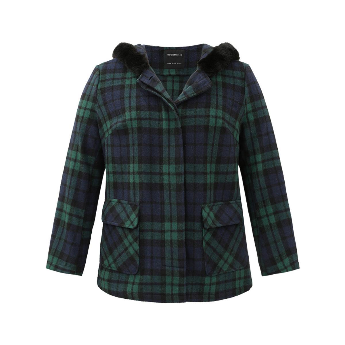 Plus Size Plaid Button Fly Hooded Fuzzy Trim Coat Women Emerald Casual Contrast Ladies Dailywear Winter Coats BloomChic 12/L Product Image