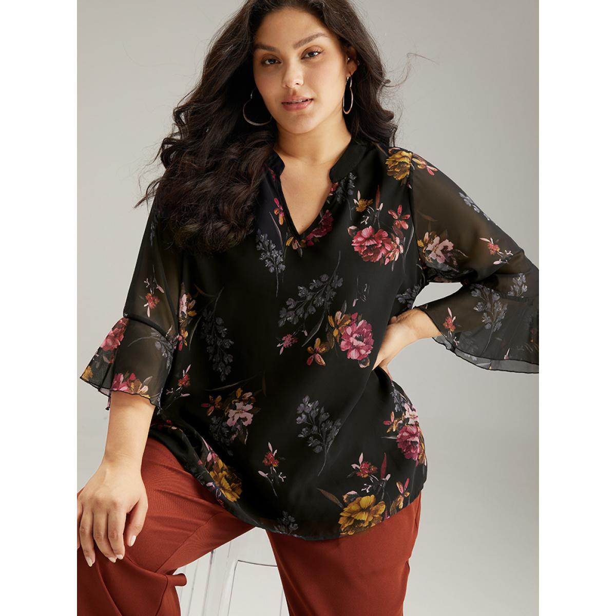 Plus Size Black Floral Mesh Ruffle Sleeve Blouse Women Elegant Long Sleeve V-neck Dailywear Blouses BloomChic 14-16/1X Product Image