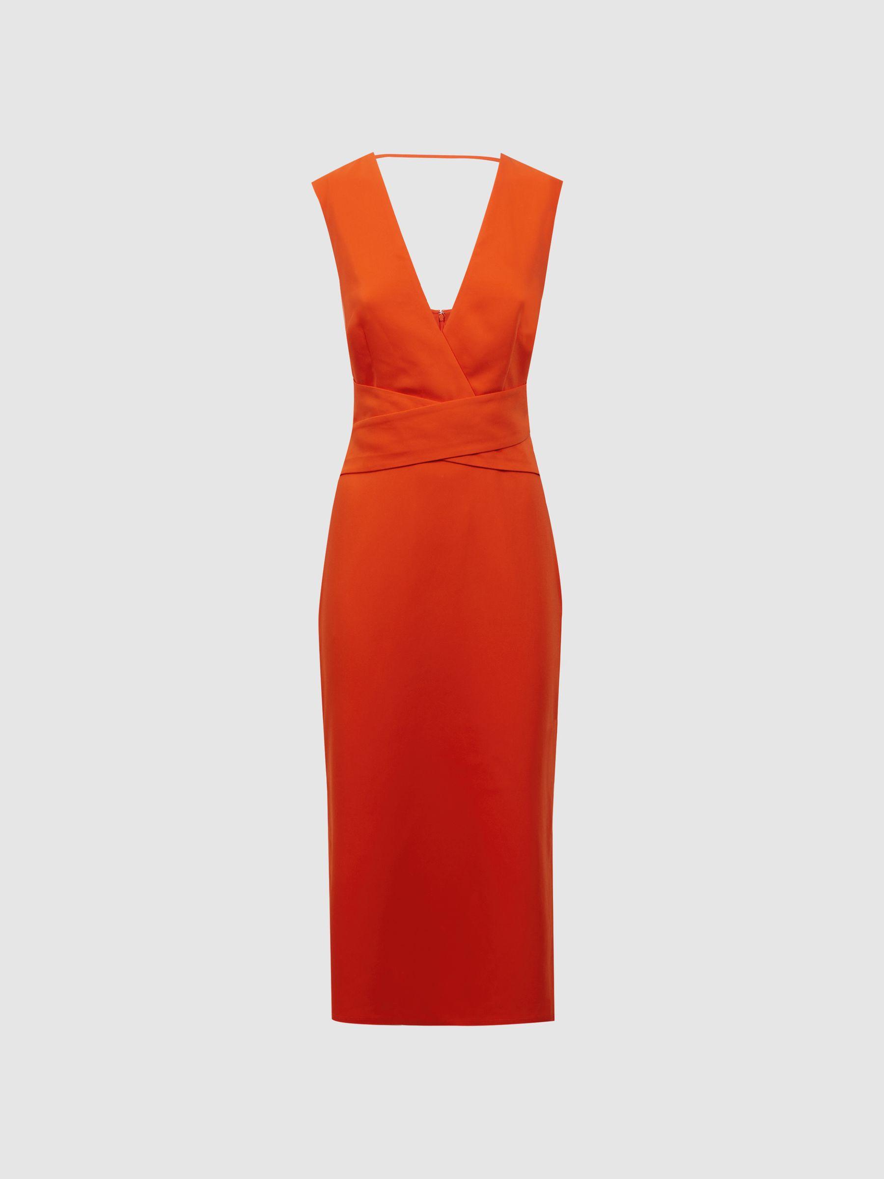 Fitted Wrap Design Midi Dress in Orange Product Image