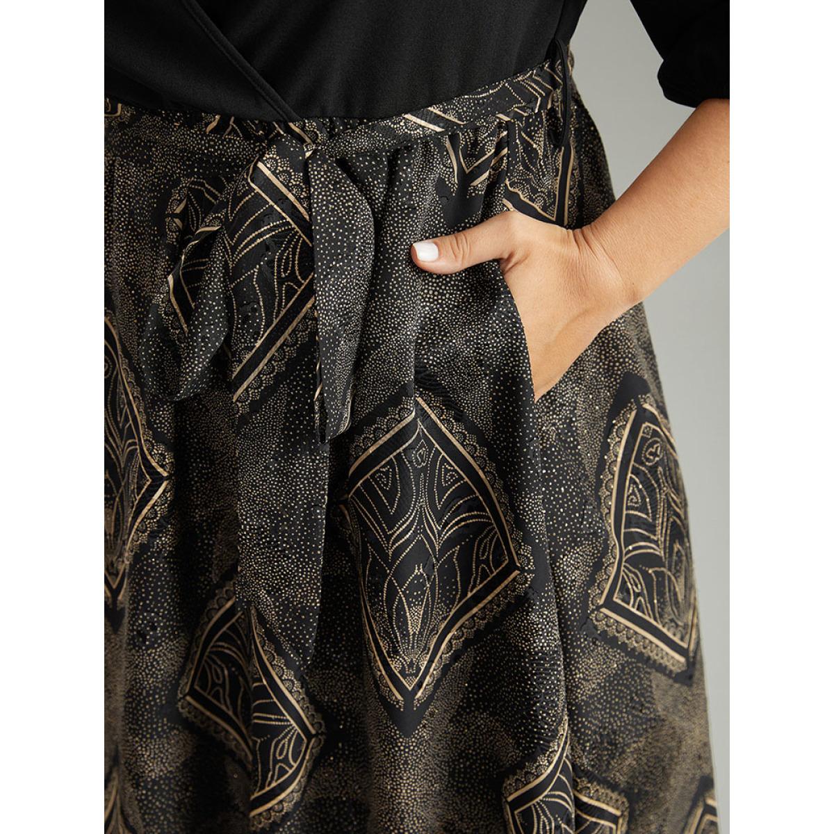 Plus Size Chiffon Moroccan Print Glitter Belted Overlap Collar Dress Black Women Party Elastic cuffs Overlap Collar Elbow-length sleeve Curvy Midi Dress BloomChic 14-16/1X Product Image