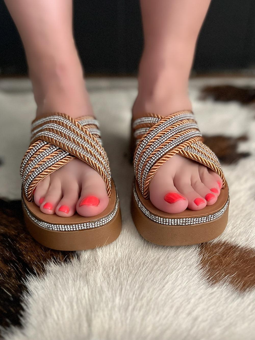 Tan Rhinestone Crisscross Platform Sandals Product Image