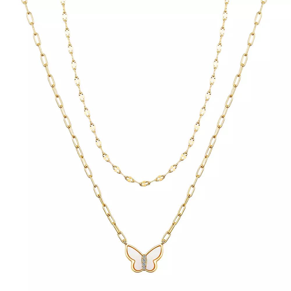 Love This Life® 14k Gold Flash Plated Cubic Zirconia & Mother-of-Pearl Butterfly Layered Necklace Duo Set, Women's, Size: 16/18+2", Gold Tone Product Image