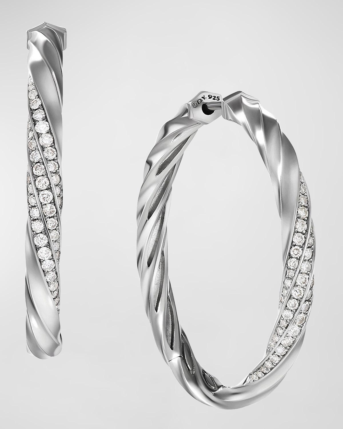 Womens Cable Edge Hoop Earrings in Sterling Silver with Diamonds, 1.5in Product Image