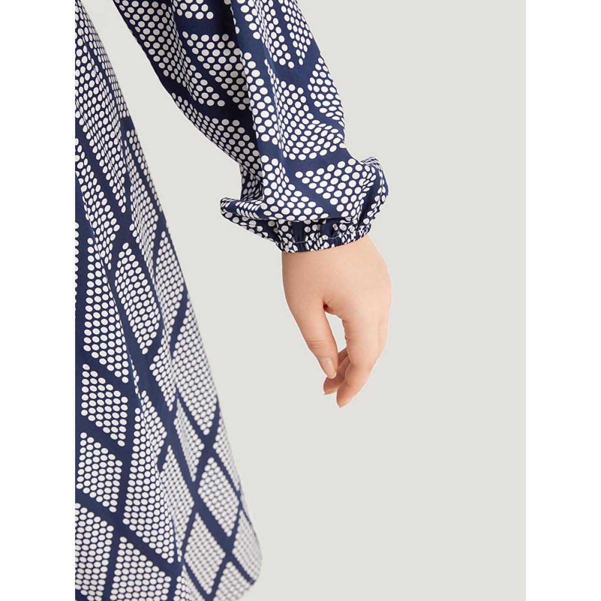 Plus Size Polka Dot Geometric Belted Lantern Sleeve Dress Black Women Office Elastic cuffs Notched collar Long Sleeve Curvy Midi Dress BloomChic 10/M Product Image