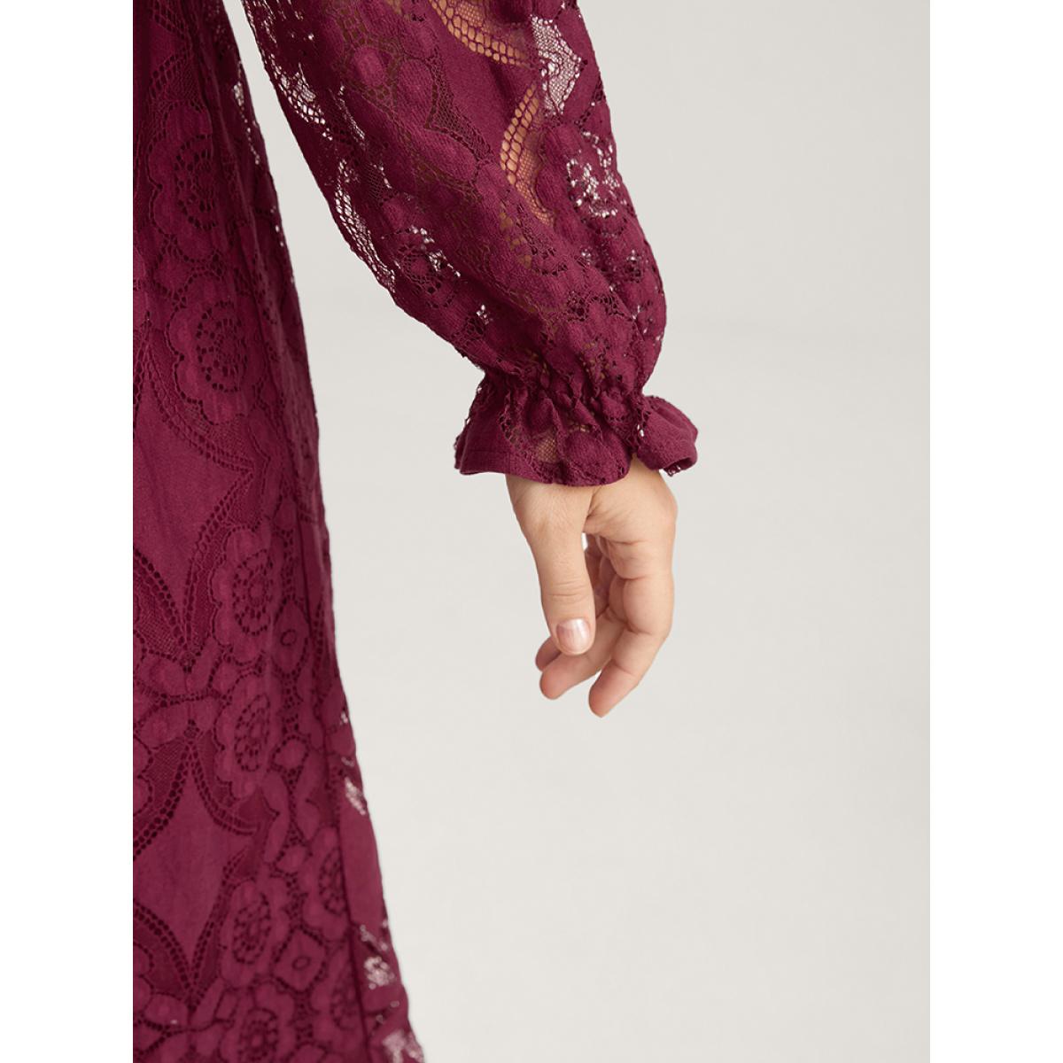 Plus Size Solid Square Neck Lantern Sleeve Belted Lace Dress Scarlet Women Glamour Belted Square Neck Long Sleeve Curvy Midi Dress BloomChic 26/4X Product Image