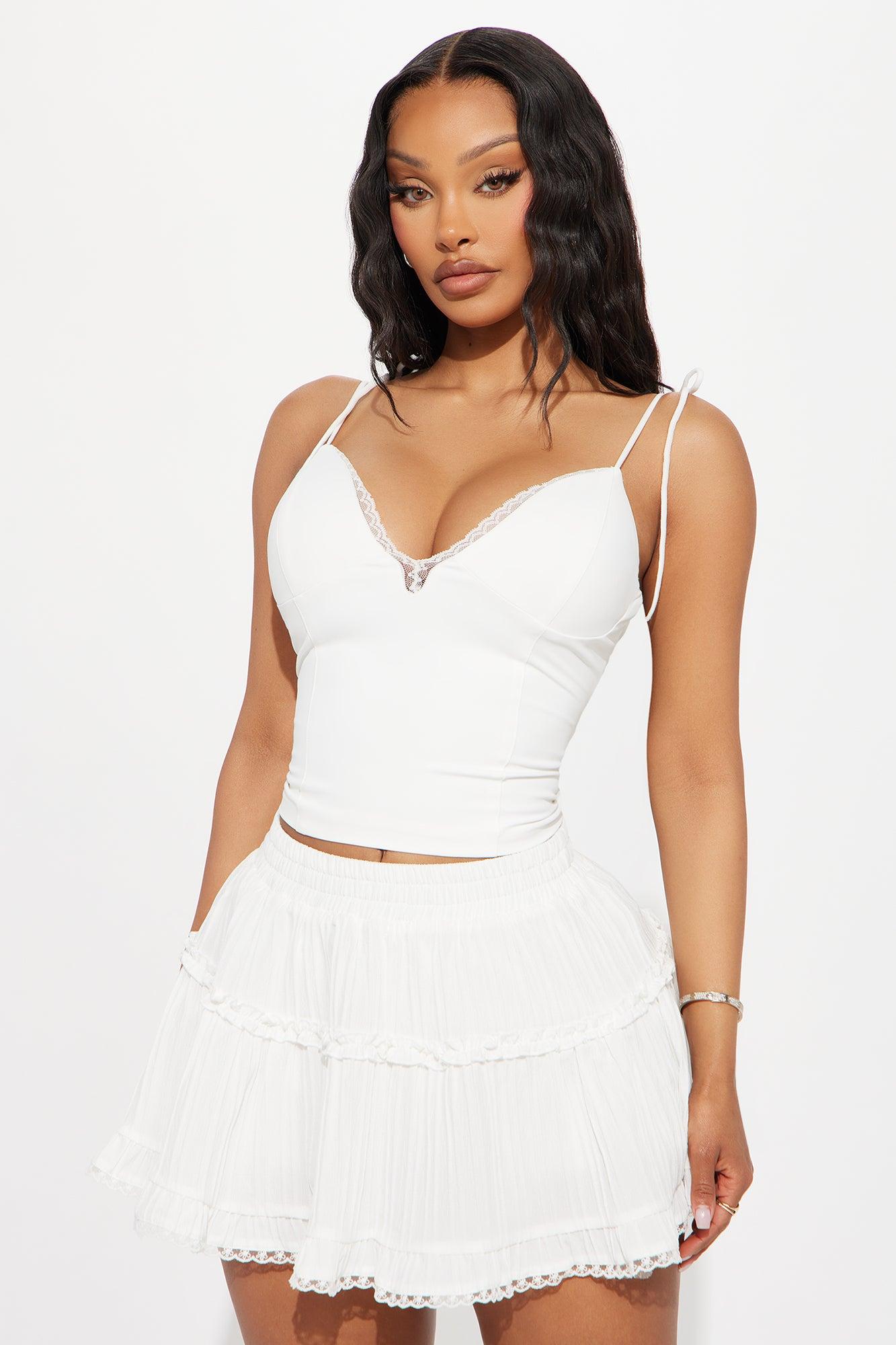 Tara Tie Shoulder Lace Trim Top - White Product Image
