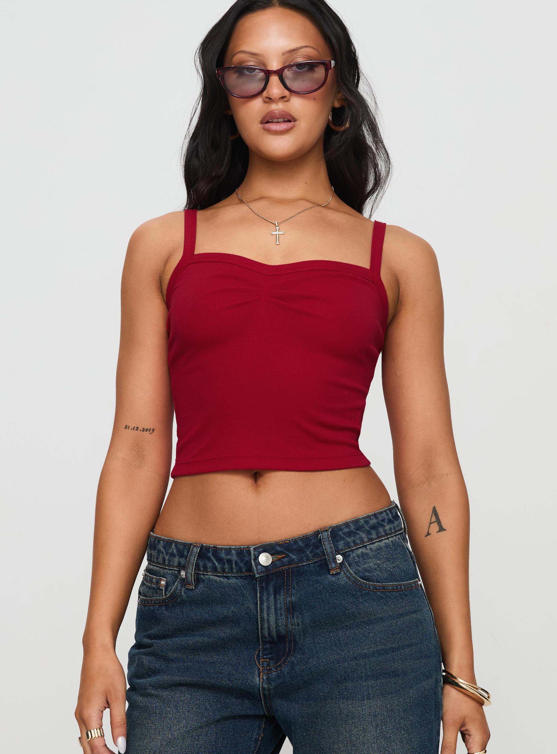 Essentials Ruched Rib Cami Top Red Product Image