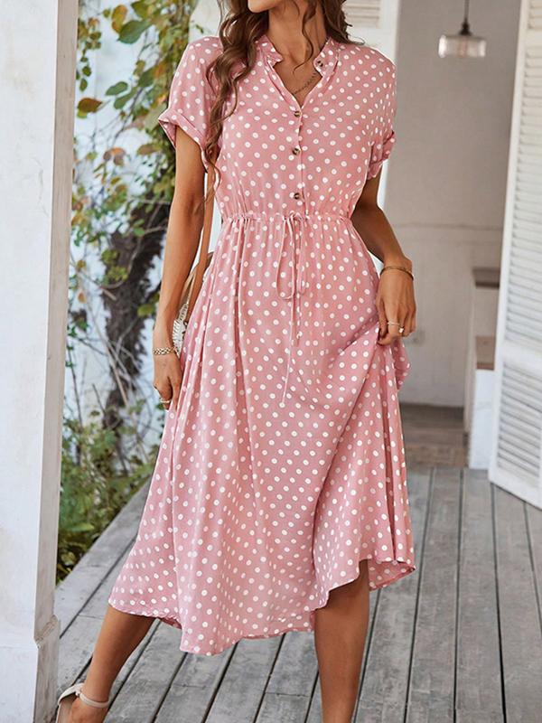 A-Line High Waisted Buttoned Drawstring Polka-Dot V-Neck Midi Dresses Product Image