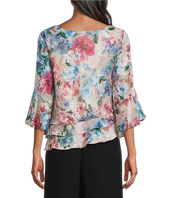 Alex Evenings Petite Size Floral 3/4 Bell Sleeve Chiffon Burnout Blouse Product Image
