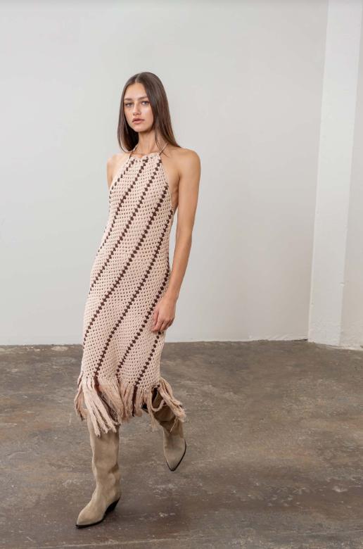FINAL SALE Billie Crochet Fringe Knit Midi Dress | Taupe Product Image