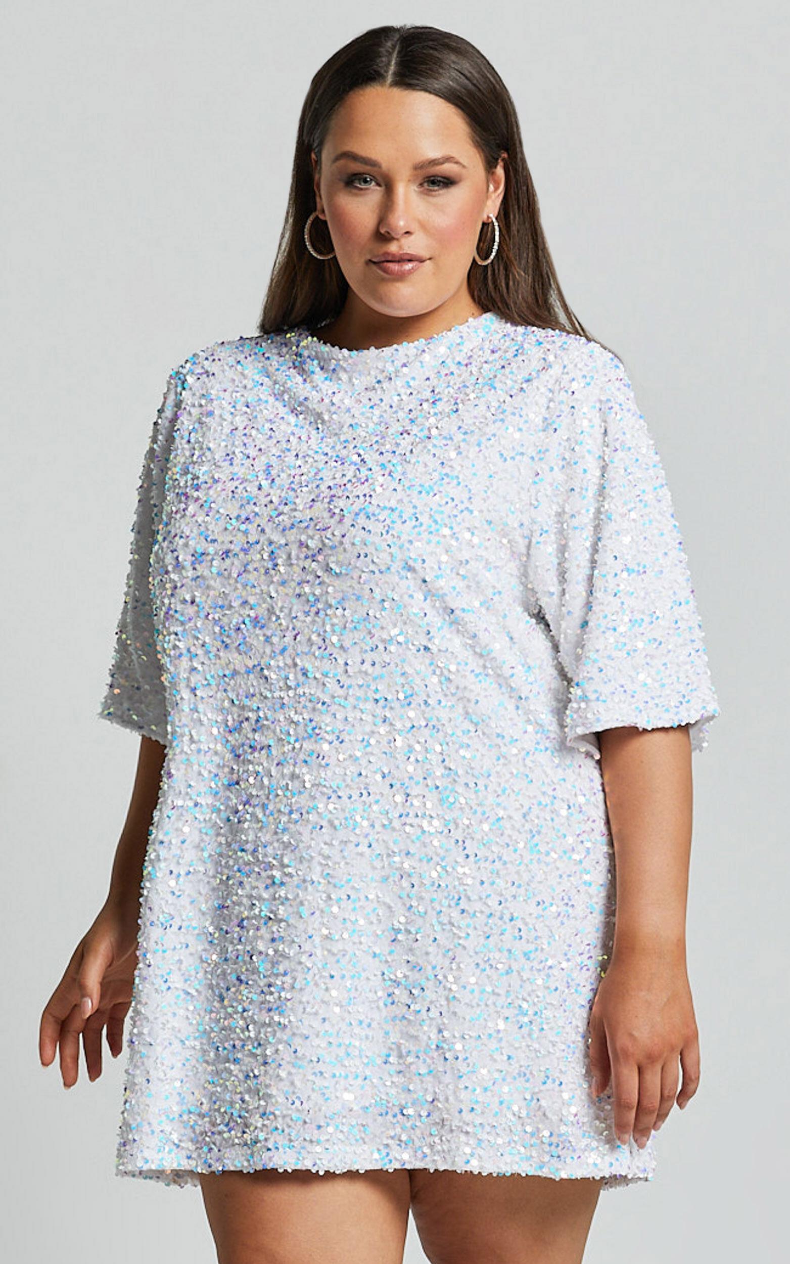 Valetta Mini Dress - Sequin low back shift dress in White Product Image