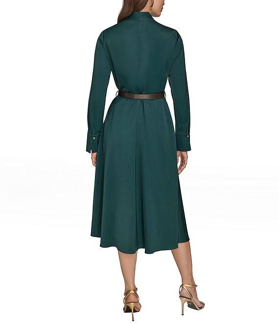 Donna Karan Long Sleeve Belted Satin A-Line Midi Dress Product Image