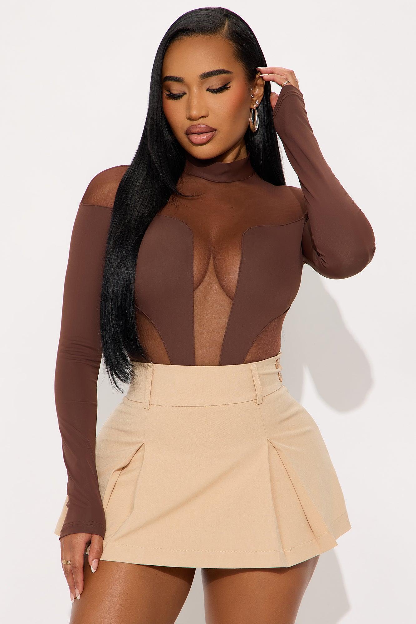 Zuri Mesh Cut Out Long Sleeve Bodysuit - Chocolate Female Product Image