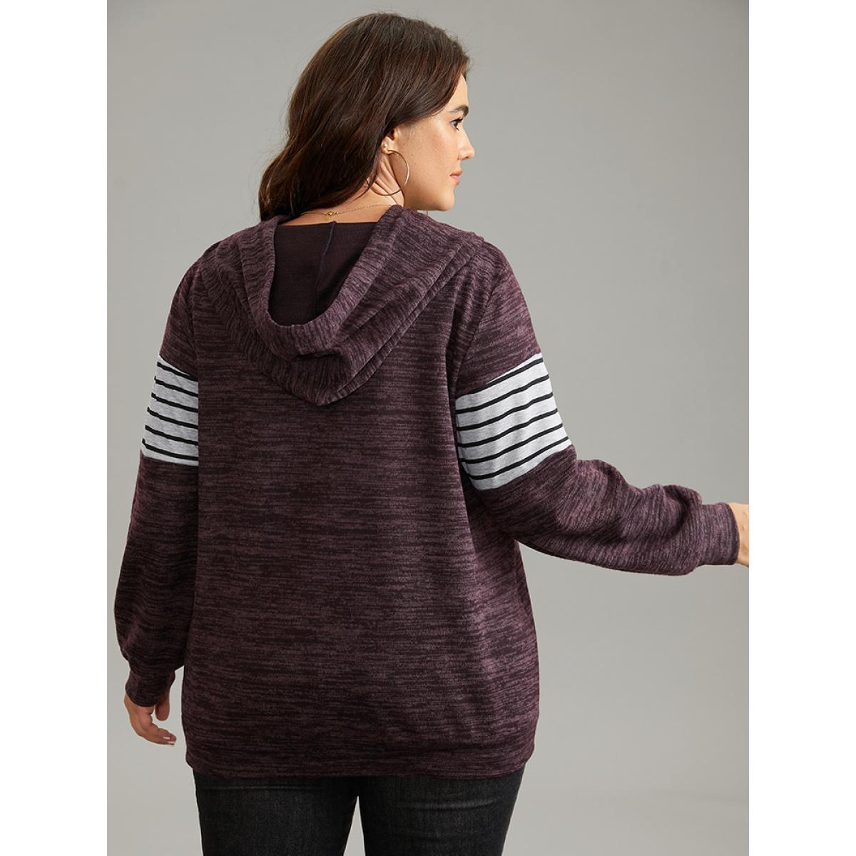 Plus Size Heather Striped Patchwork Pocket Hooded Sweatshirt Women Eggplant Casual Heather Hooded Dailywear Sweatshirts BloomChic 22-24/3X Product Image