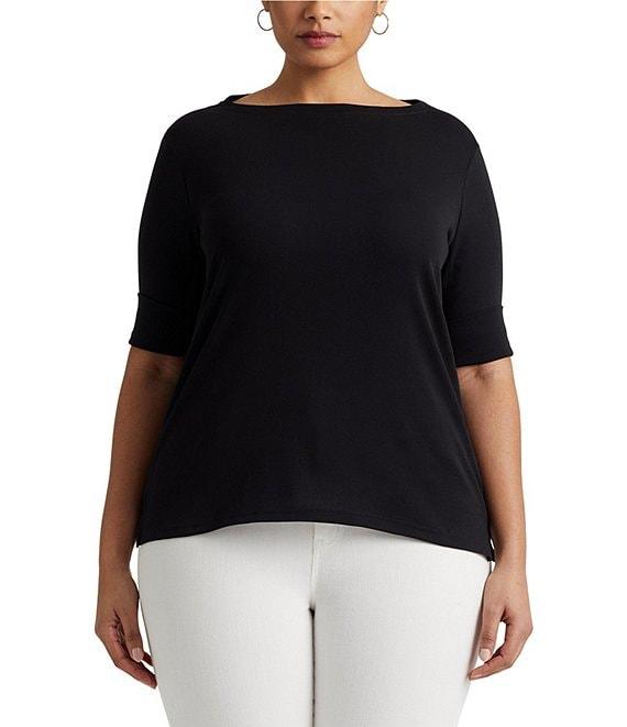 Lauren Ralph Lauren Plus Size Stretch Cotton Boat Neck Short Folded Elbow Sleeve Top Product Image