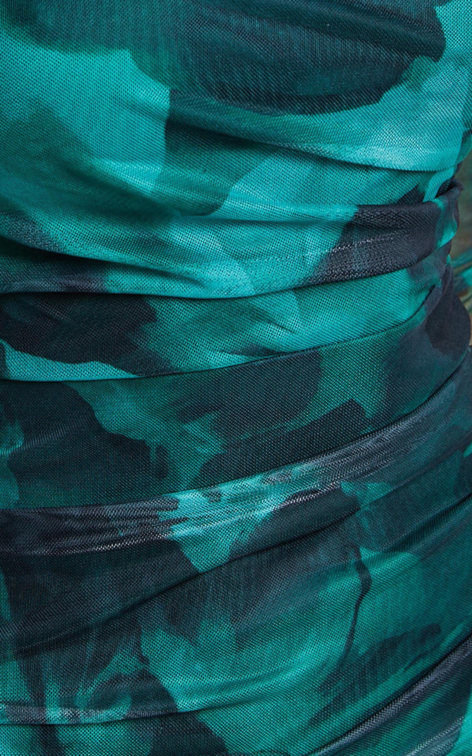 Zita Mini Dress - High Neck Long Sleeve Bodycon Mesh Dress in Green Floral Print Product Image