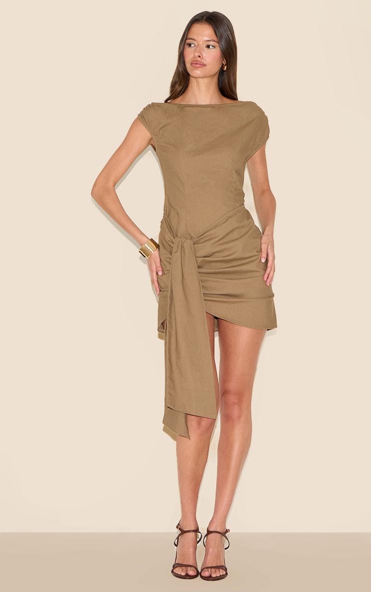  Khaki Wrap Detail Boatneck Bodycon Dress Product Image