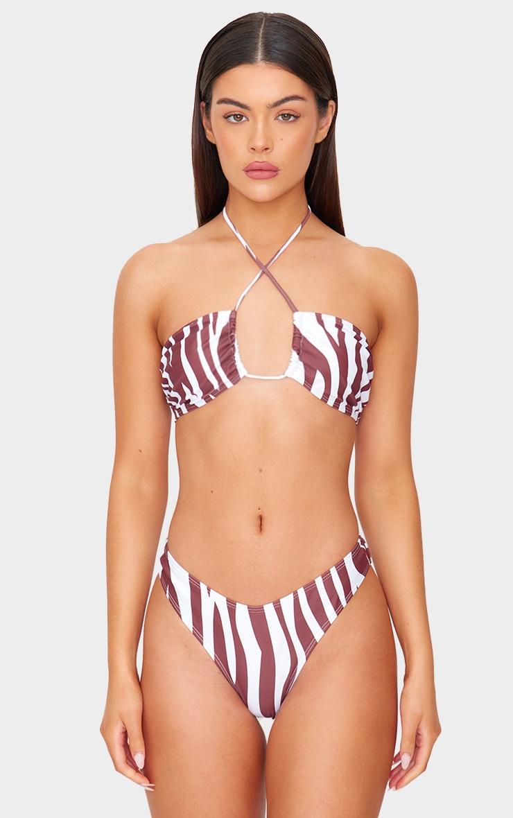 Brown Zebra Print Halter Tie Bikini Top Product Image
