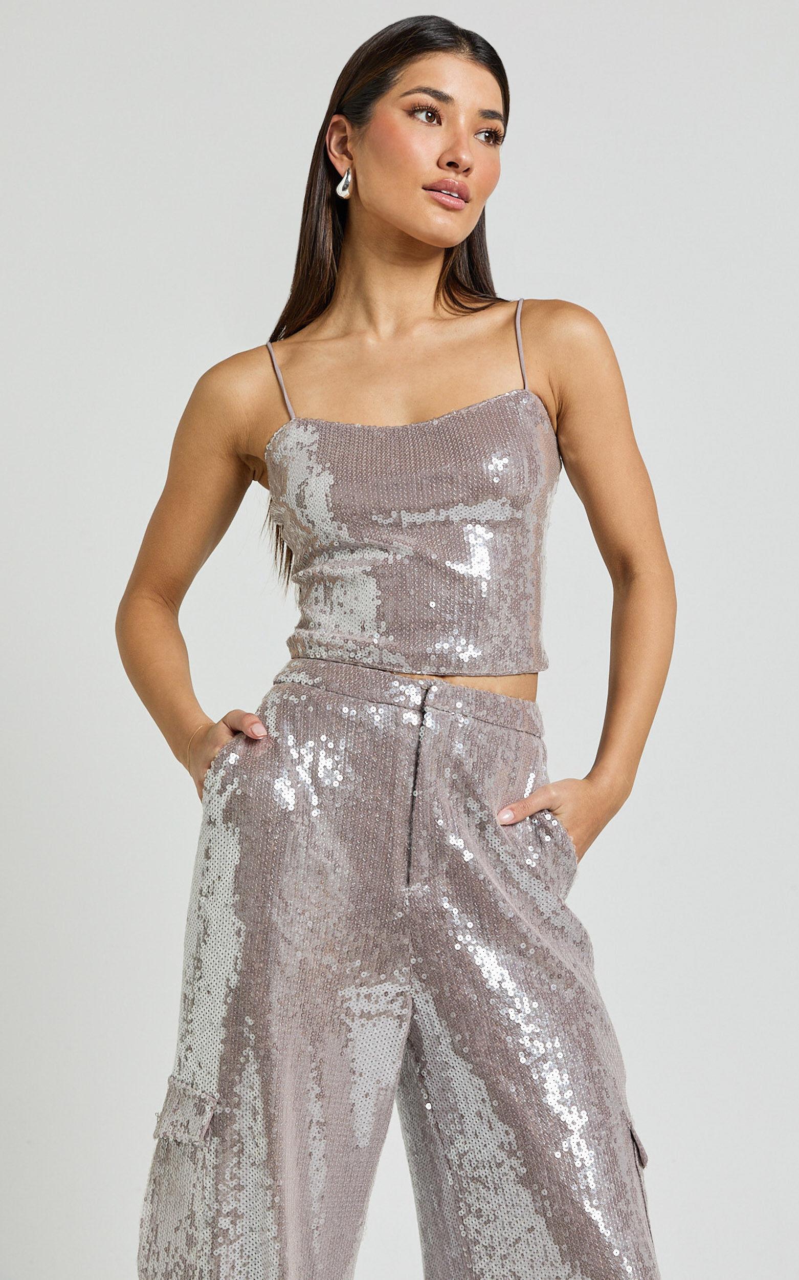 Tricia Top - Sequin Cami Top in Grey Product Image