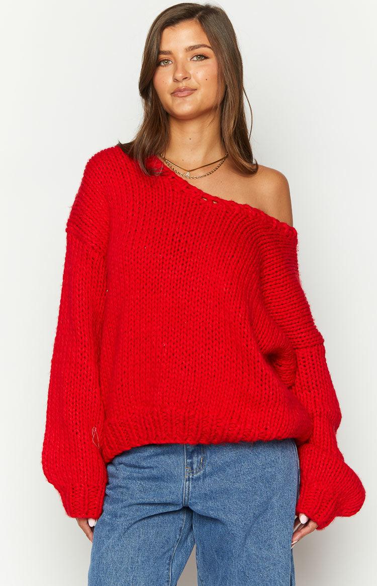 Delvey Red Chunky Knit Sweater Product Image