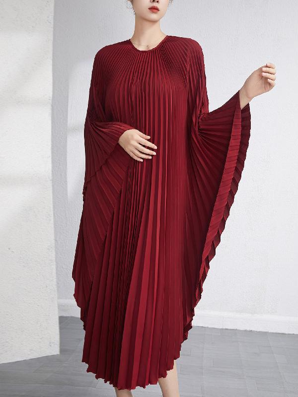 Batwing Sleeves Loose Pleated Solid Color Maxi Dresses Product Image