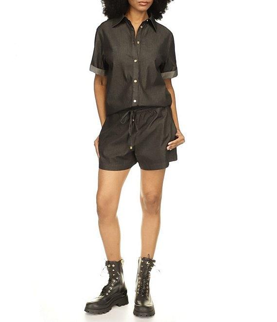 Michael Kors Cotton Chambray Collared Neckline Short Sleeve Top Product Image