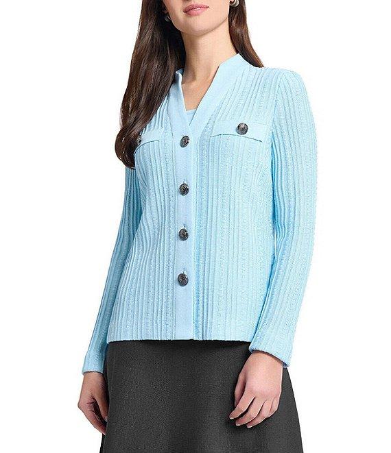 Ming Wang Ribbed Knit High V-Neck Long Sleeve Cardigan Product Image