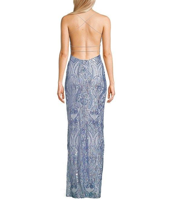 Next Up Printed Sequin Square Neck Front Slit Bungee X-Back Dress Product Image