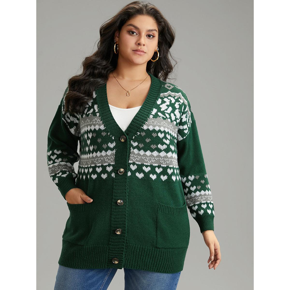 Plus Size Christmas Jacquard Button Up Pocket Cardigan DarkGreen Women Casual Loose Long Sleeve Festival-Christmas Cardigans BloomChic 12/L Product Image