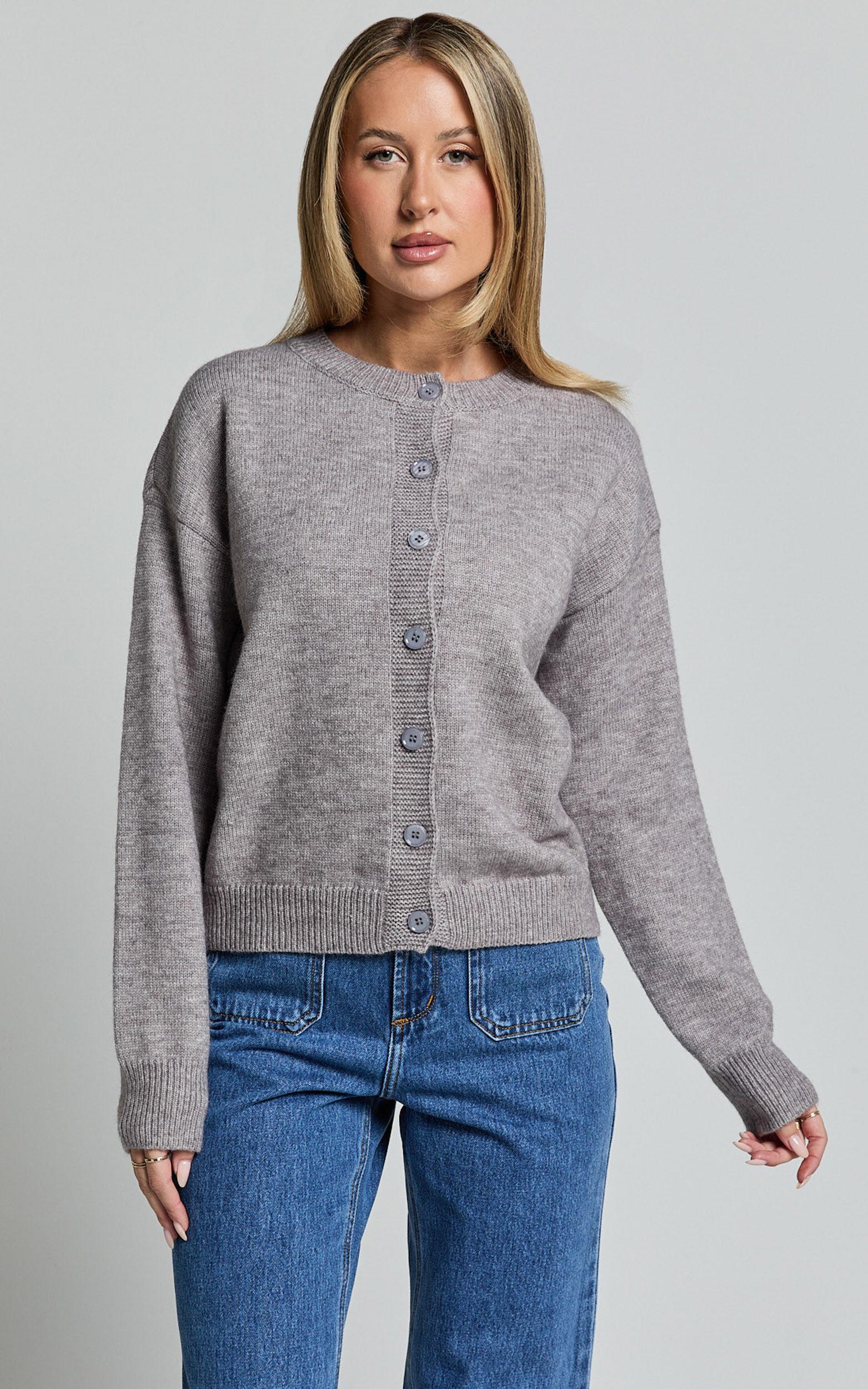 Lucille Cardigan - Button Through Scoop Neck Knit Cardigan in Grey Product Image