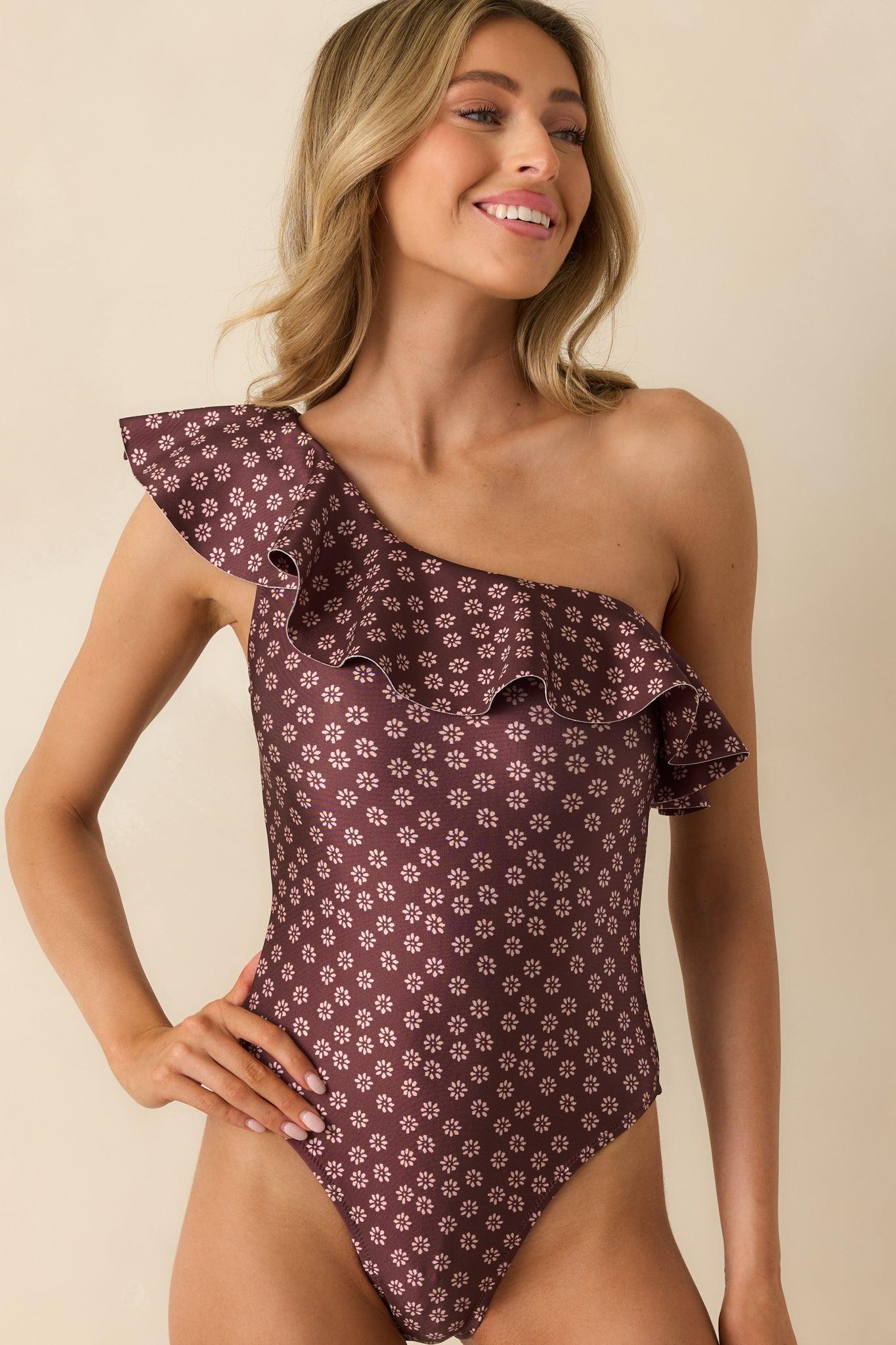 MINKPINK Sierra Burgundy Floral Ruffle One Shoulder Swimsuit Product Image