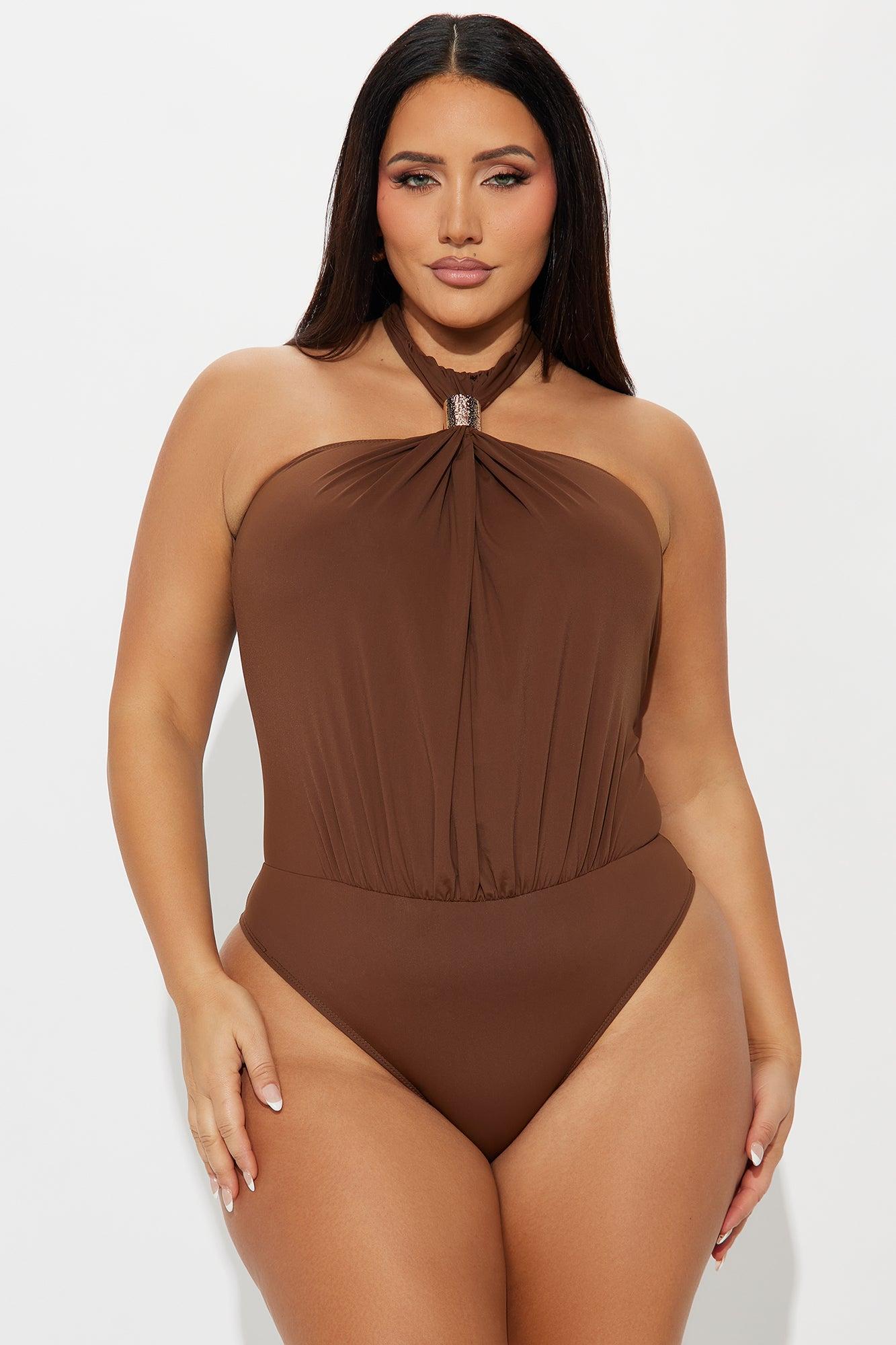 Beverly Y-Neck Ruched Bodysuit - Chocolate Female Product Image