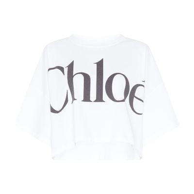 CHLOÉ White Cropped Crewneck T-shirt With Maxi Logo Print On The Front In Cotton Woman In Multicolor Product Image