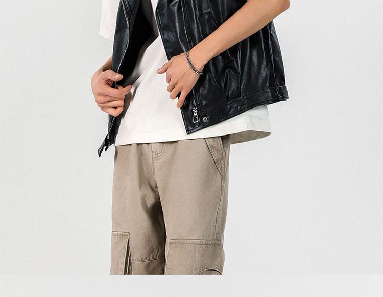 Plain Faux Leather Zip Biker Vest Product Image