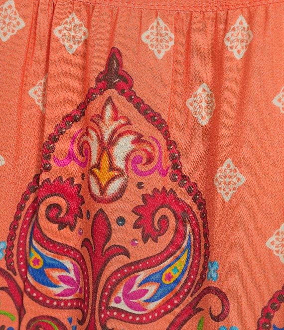 John Mark Embroidered Mix Printed Split V-Neck 3/4 Bubble Sleeve Tunic Product Image