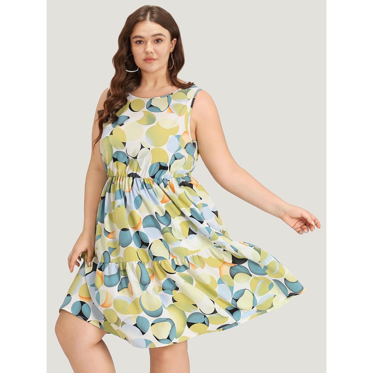 Plus Size Geometric Print Pocket Ruffle Layered Hem Sleeveless Dress YellowGreen Women Elegant Lined Round Neck Sleeveless Curvy Knee Dress BloomChic 14-16/1X Product Image