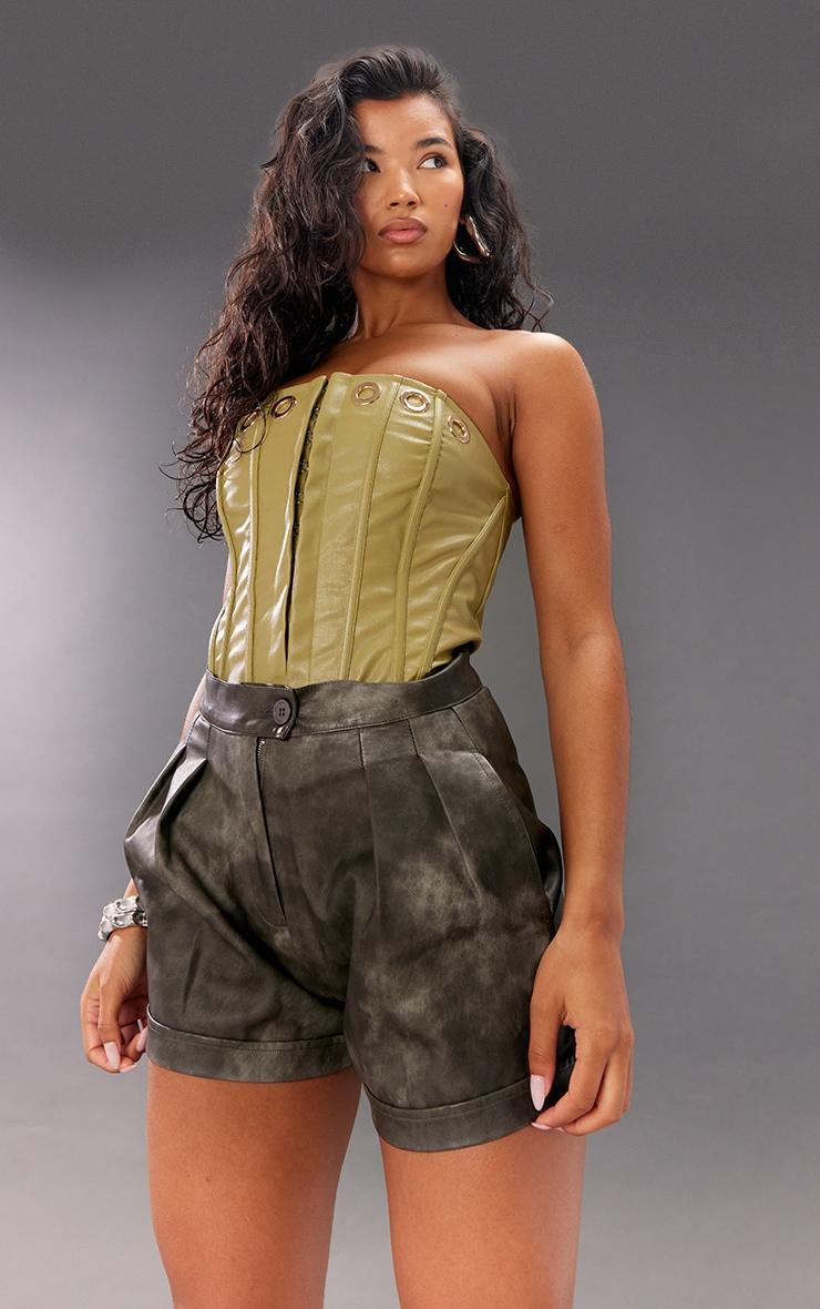 Washed Black Faux Leather Pleat Detail Shorts Product Image