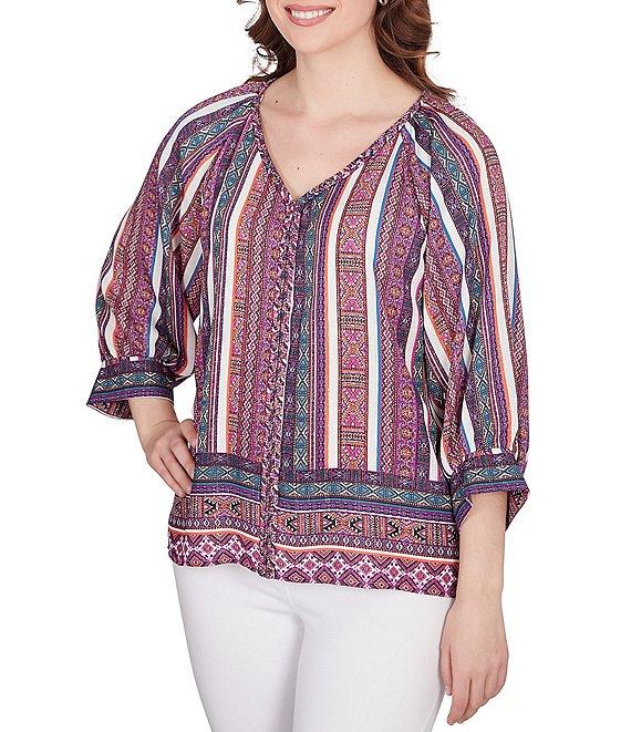 Ruby Rd. Petite Size Southwest Stripe Border Print Metallic Detail Braid Trim V-Neck 3/4 Balloon Sleeve Top Product Image
