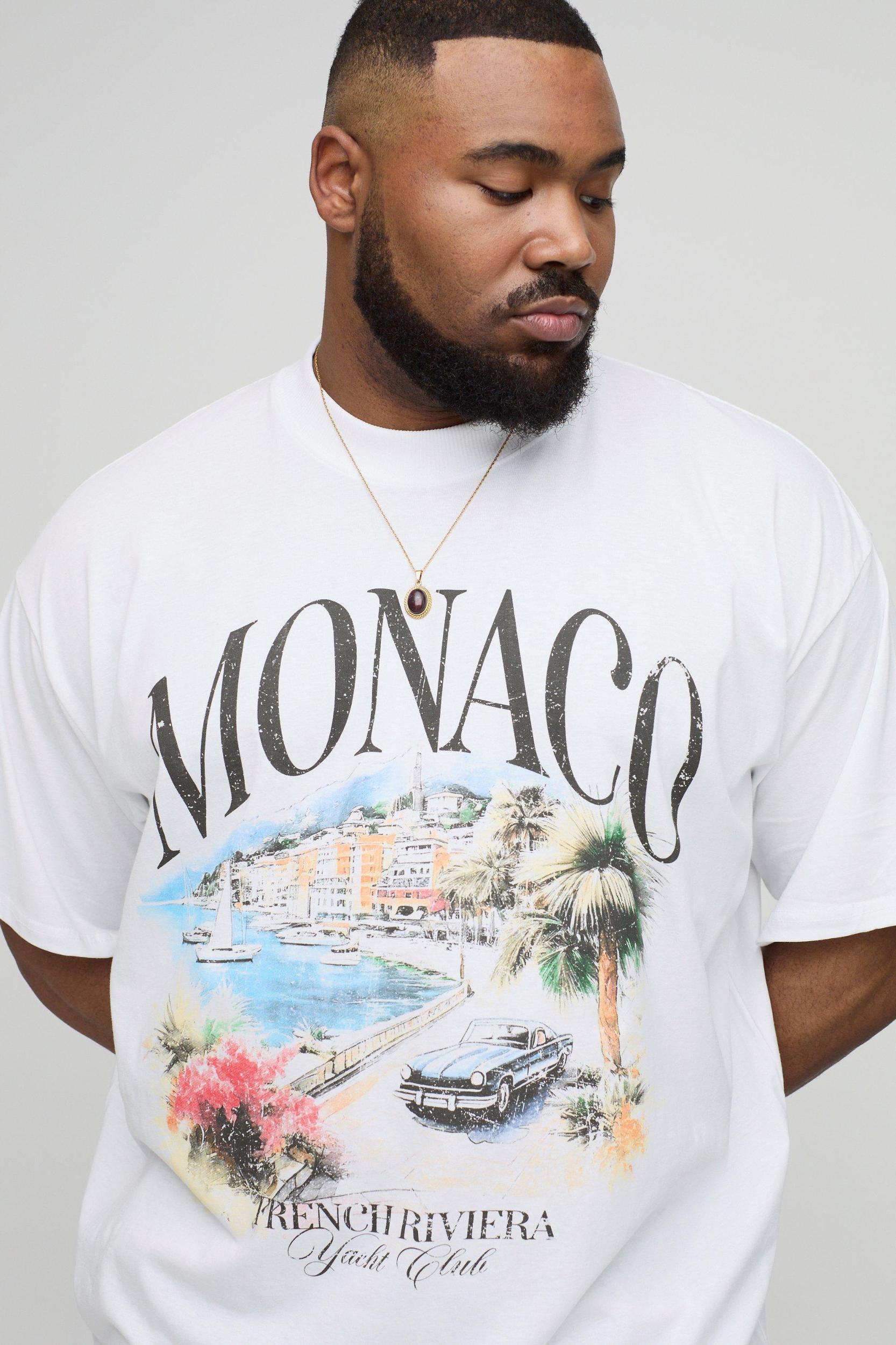 Plus Oversized Extended Neck Monaco Landscape Print T-Shirt | boohooMAN USA Product Image