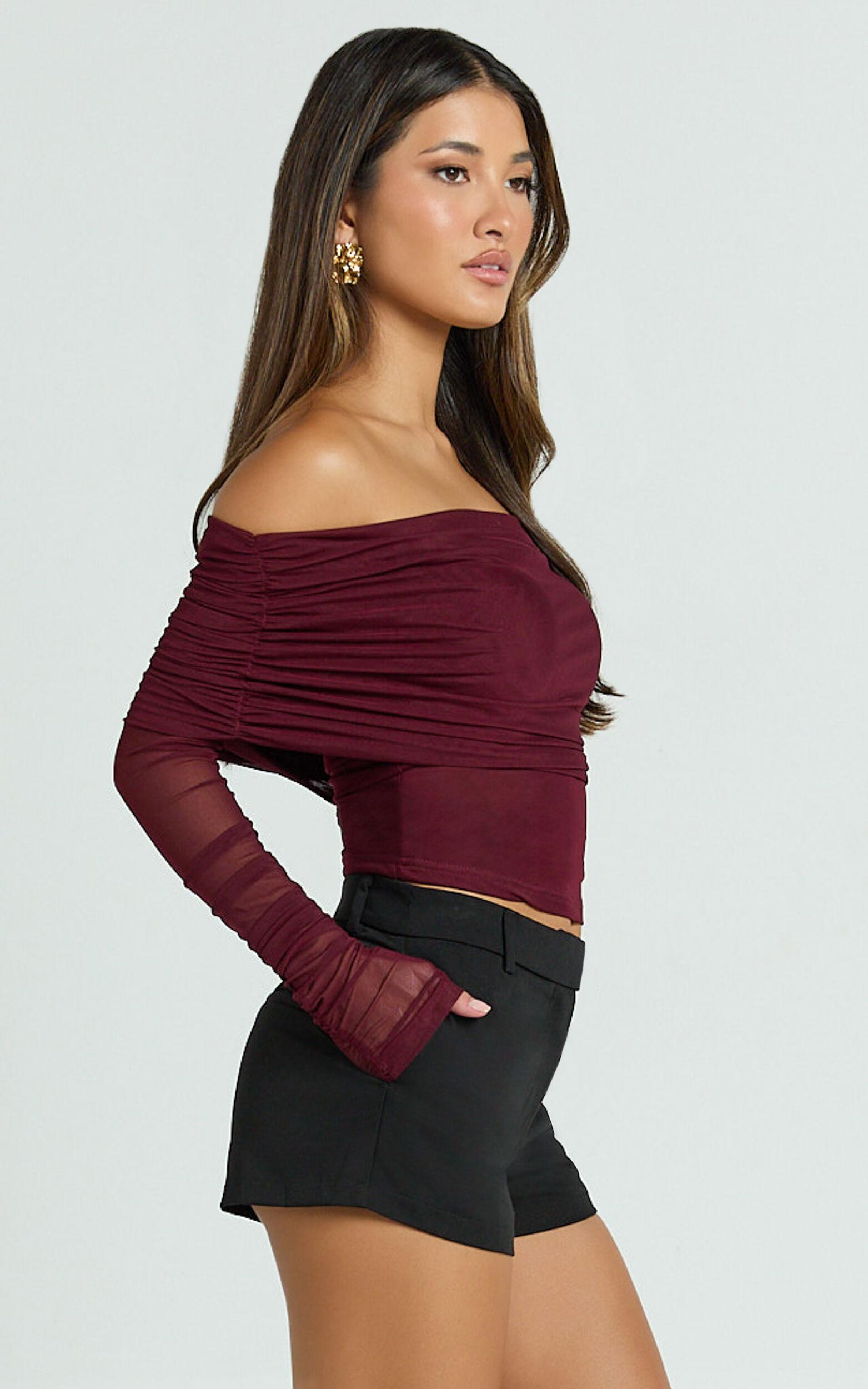 Roza Top - Asymmetric Long Sleeve One Shoulder Top in Wine Product Image