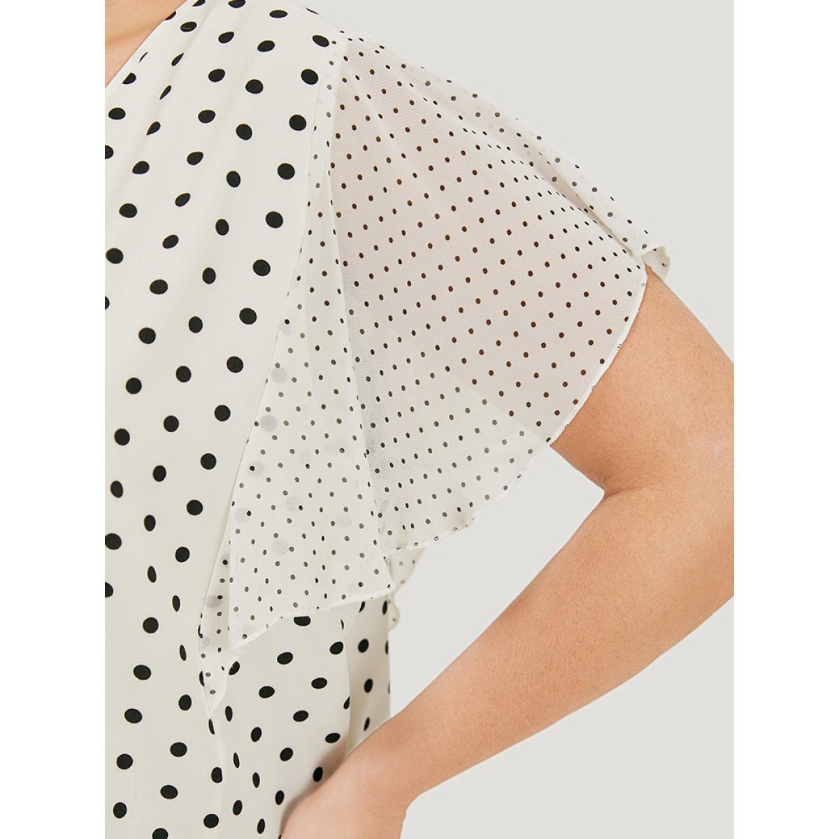 Plus Size White Polka Dot Patchwork Mesh Flutter Sleeve Blouse Women Office Short sleeve V-neck Office Blouses BloomChic 18-20/2X Product Image