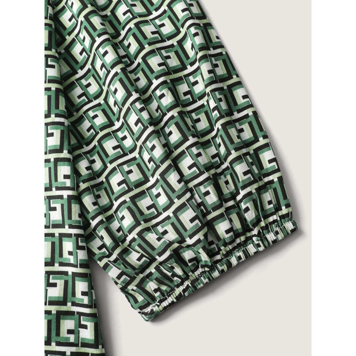 Plus Size Emerald Geometric Print Neck-Tie Relaxed-Fit Blouse Women Office Extra Long Sleeve V-neck Office Blouses BloomChic 18-20/2X Product Image